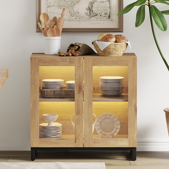 Modern Sideboard Buffet Cabinet with Glass Doors and Adjustable Shelf Coffee Bar Storage Cabinet for Living Room Kitchen,Oak