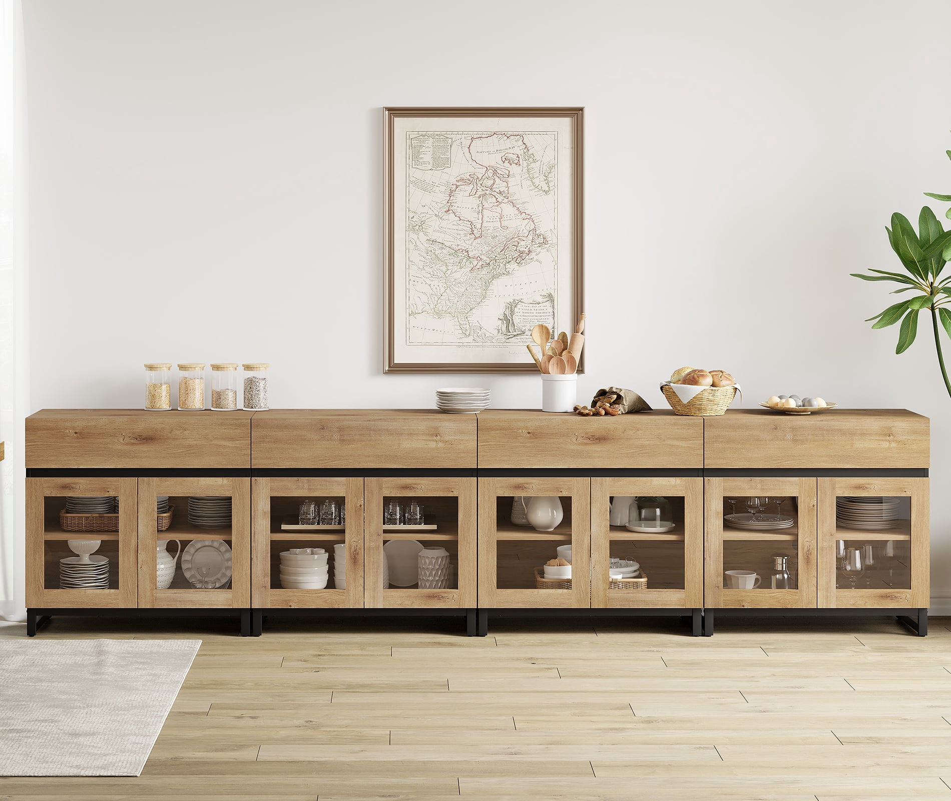 Modern Sideboard Buffet Cabinet with Glass Doors and Adjustable Shelf Coffee Bar Storage Cabinet for Living Room Kitchen,Oak