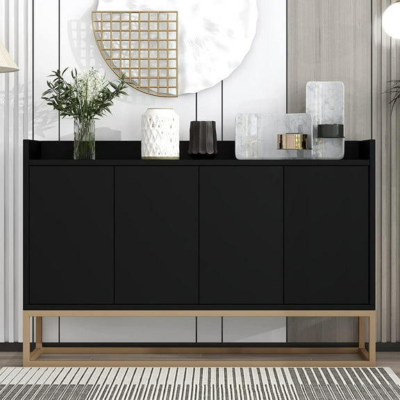 Modern Sideboard Buffet Cabinet with Storage and Doors Wood Storage Cabinet with Adjustable Shelves and Metal Base, Black