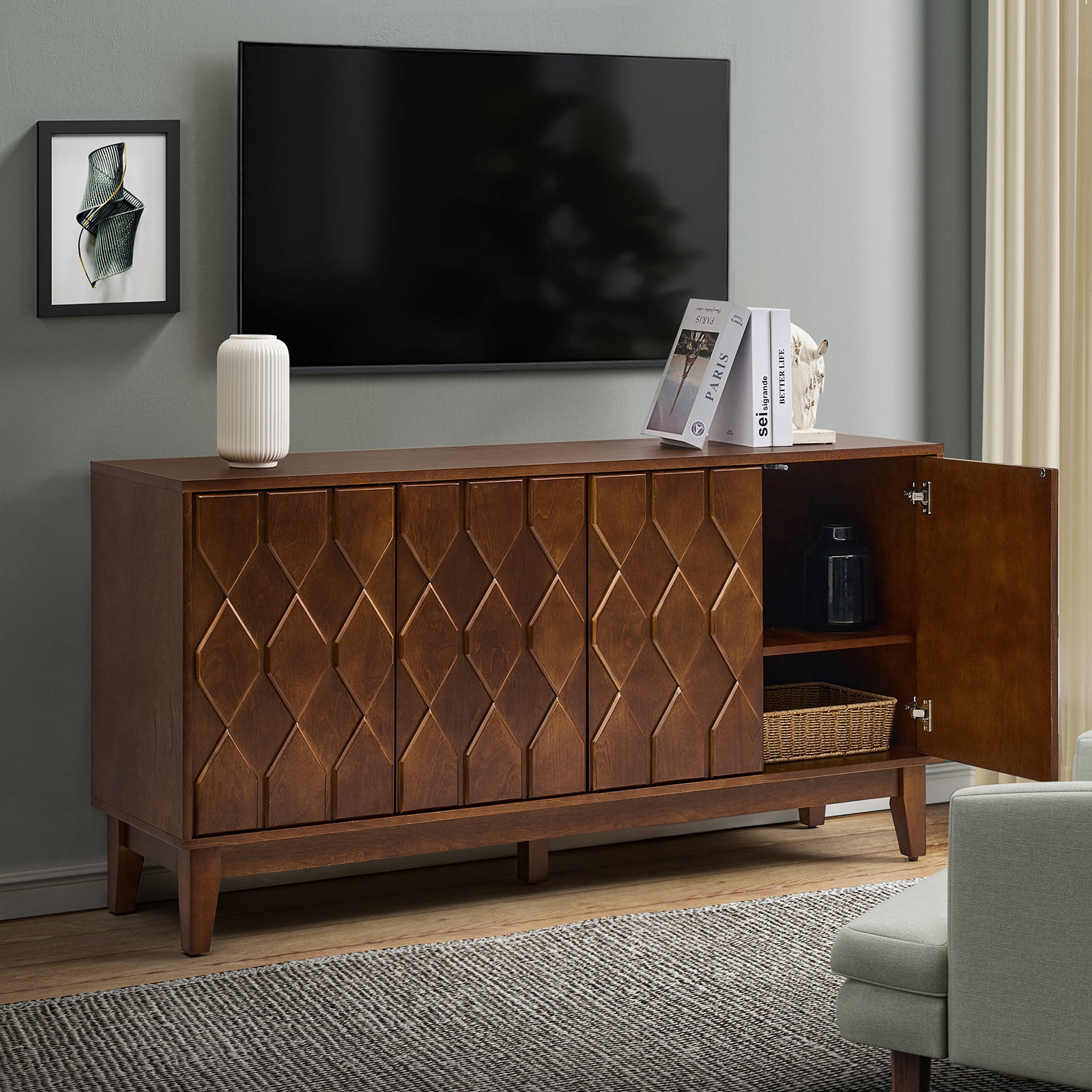 Modern Sideboard Buffet Geometric 4 Doors Storage Cabinet 60" TV Stand ...