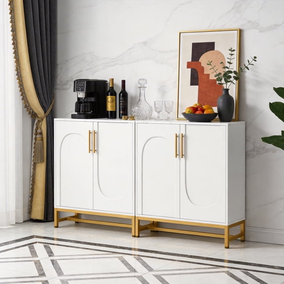 Modern Sideboard Buffet Storage Cabinet With Adjustable Shelves White Finish, Faux Marble Top Accent Cabinet For Living Kitchen Dining Room