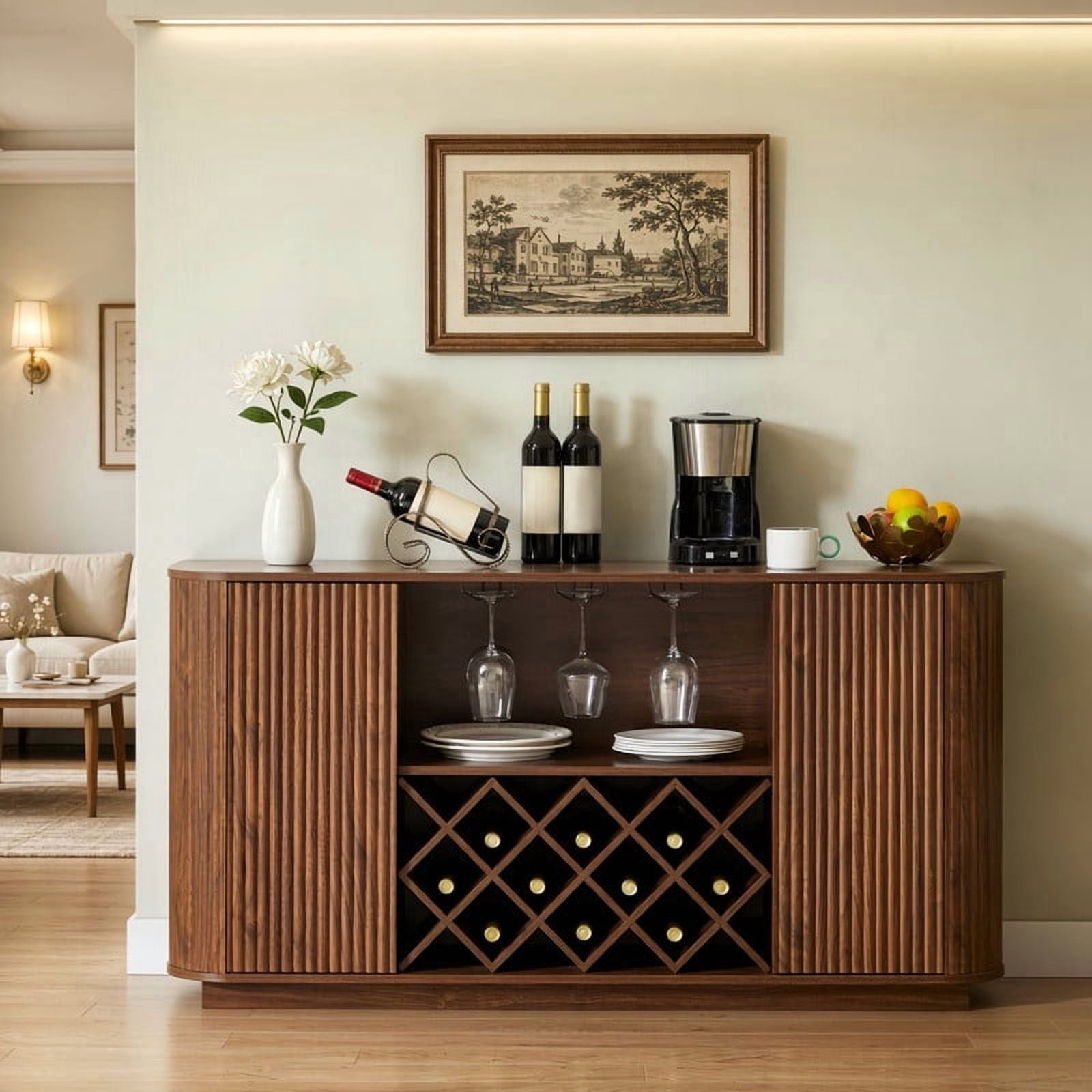 Modern Sideboard Buffet with 2 Wavy Doors, Home Bar Storage Cabinet with Glassware Holder, Wine Rack & Adjustable Shelf