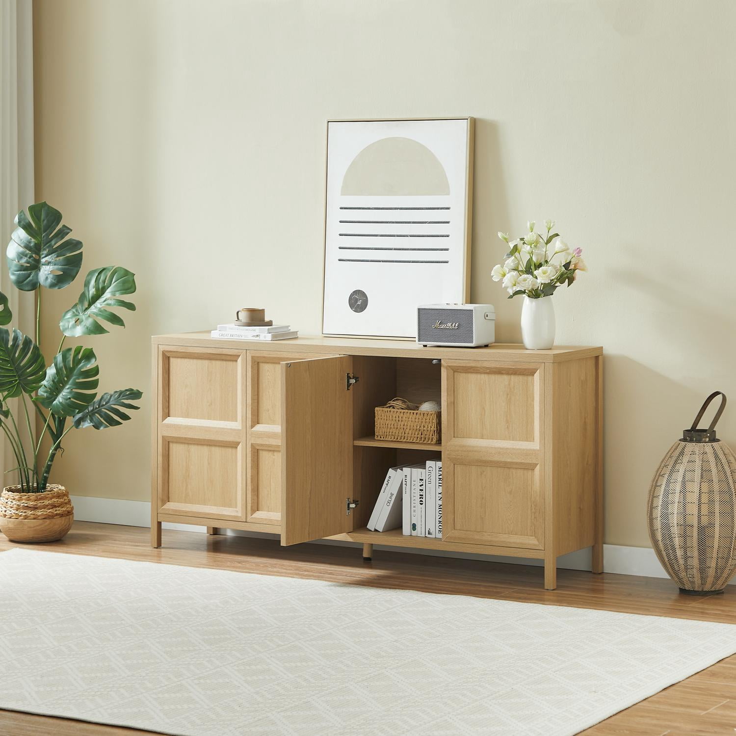 Modern Sideboard Storage Cabinet with Tip-Open Doors & Soft-Close Hinges, 67 Inch Buffet Cabinet with Tilt-Proof Wall Mount, Easy Assembly, Oak