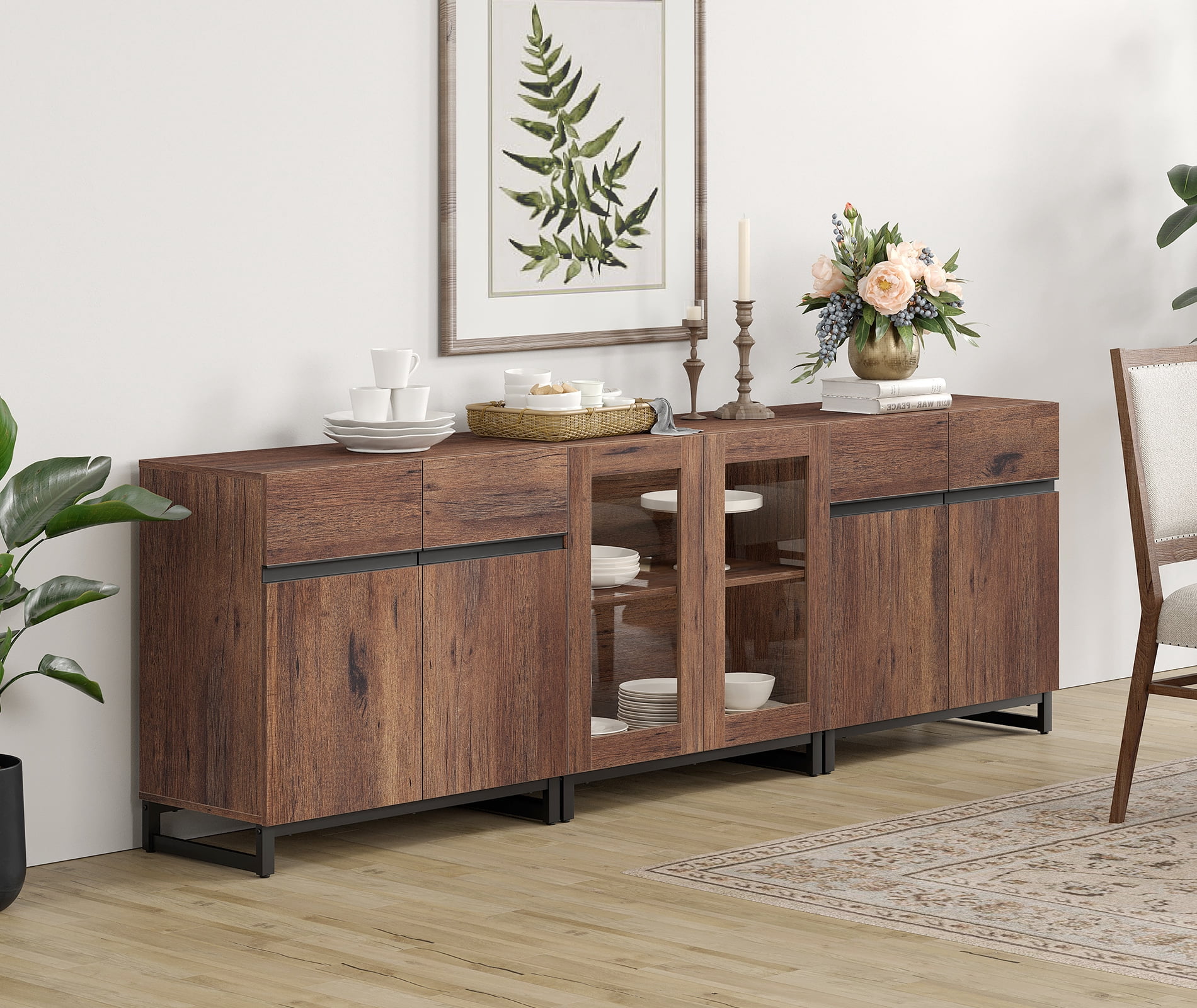 Modern Sideboard With Adjustable Shelves, 3 In 1 Storage Cabinet With Glass Doors, Coffee Bar Cabinet For Living Room, Kitchen,Brown