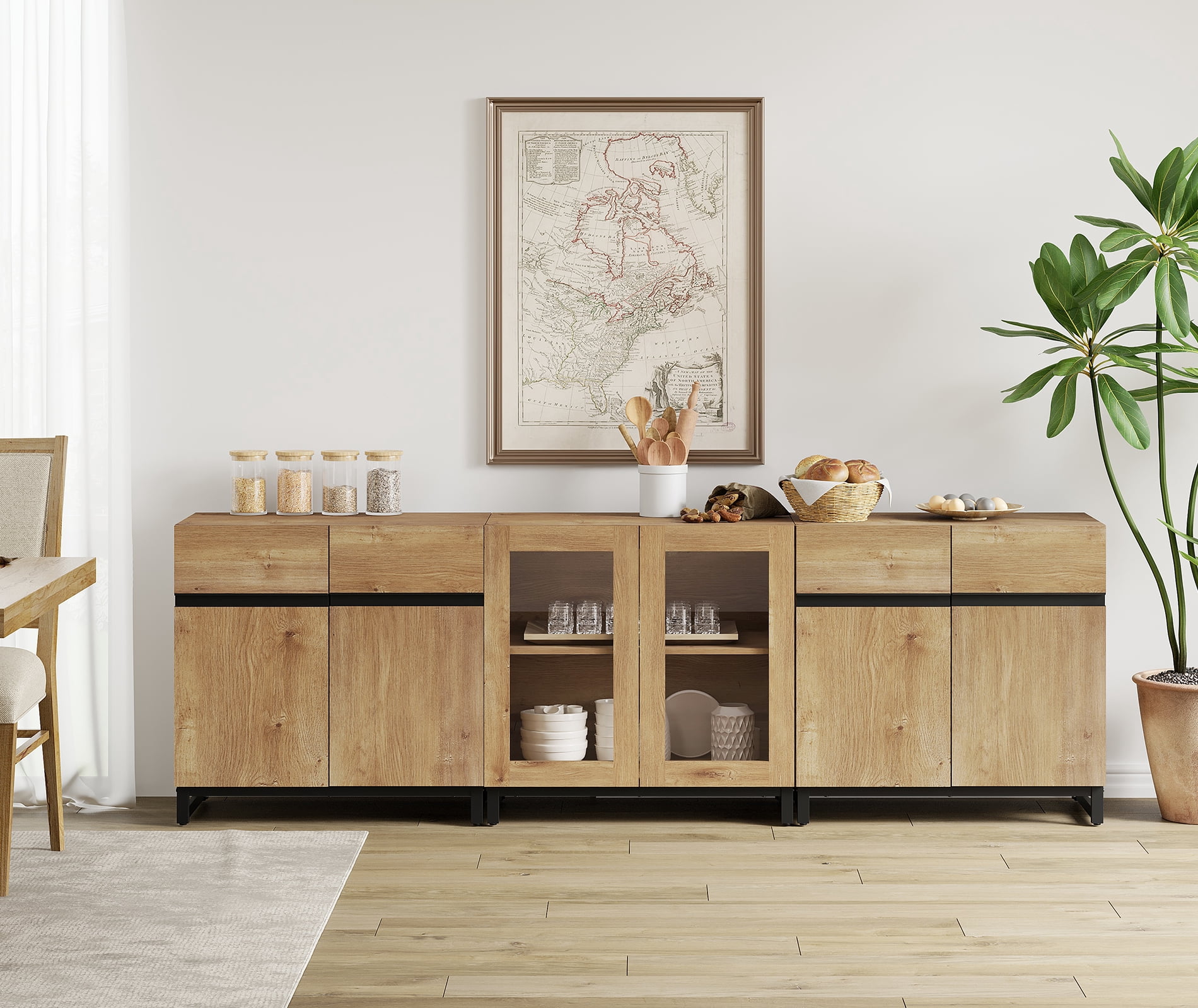 Modern Sideboard With Adjustable Shelves, 3 In 1 Storage Cabinet With Glass Doors, Coffee Bar Cabinet For Living Room, Kitchen,Oak