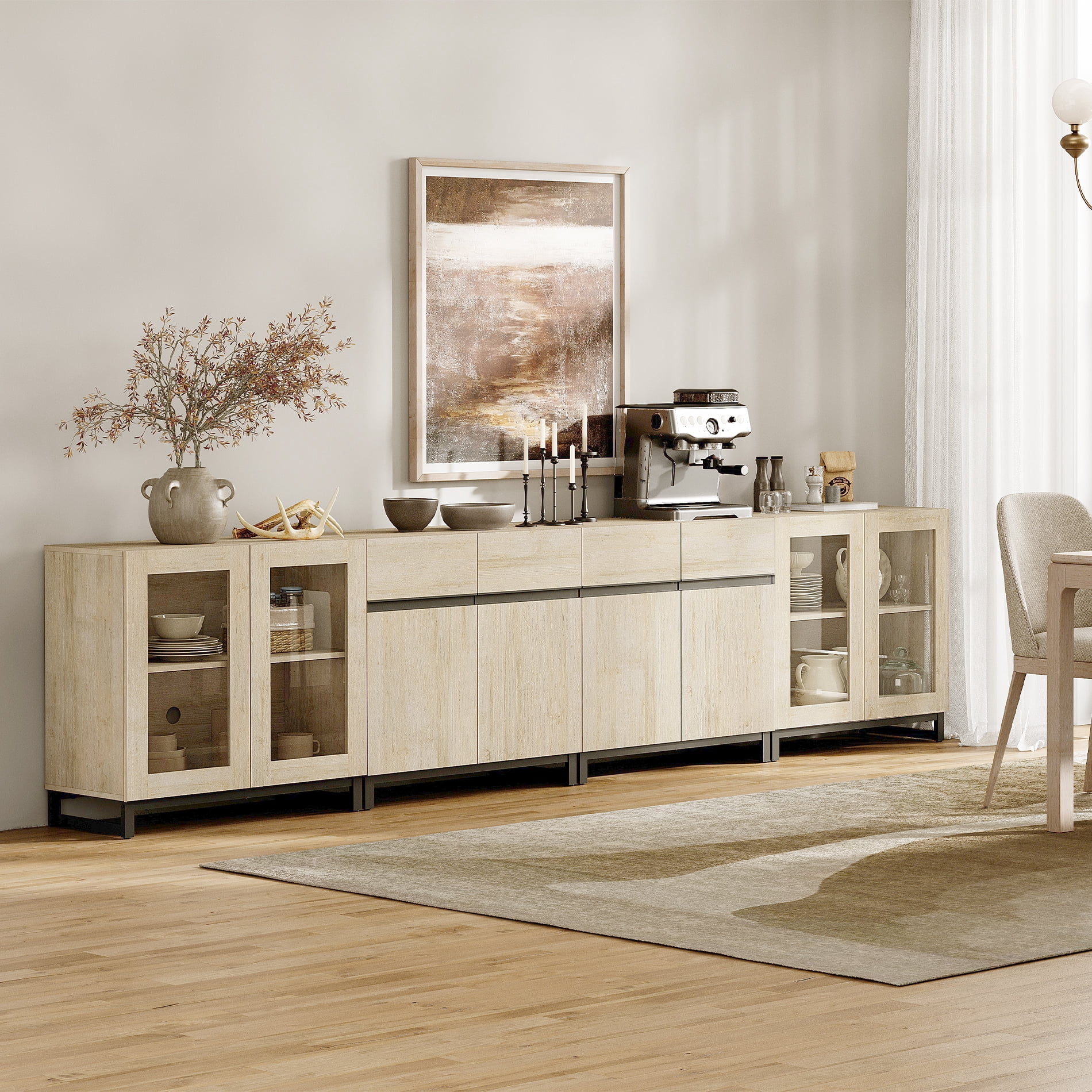 Modern Sideboard With Adjustable Shelves, 4 In 1 Storage Cabinet With Glass Doors, Coffee Bar Cabinet For Living Room, Kitchen,Dinning Room,Beige