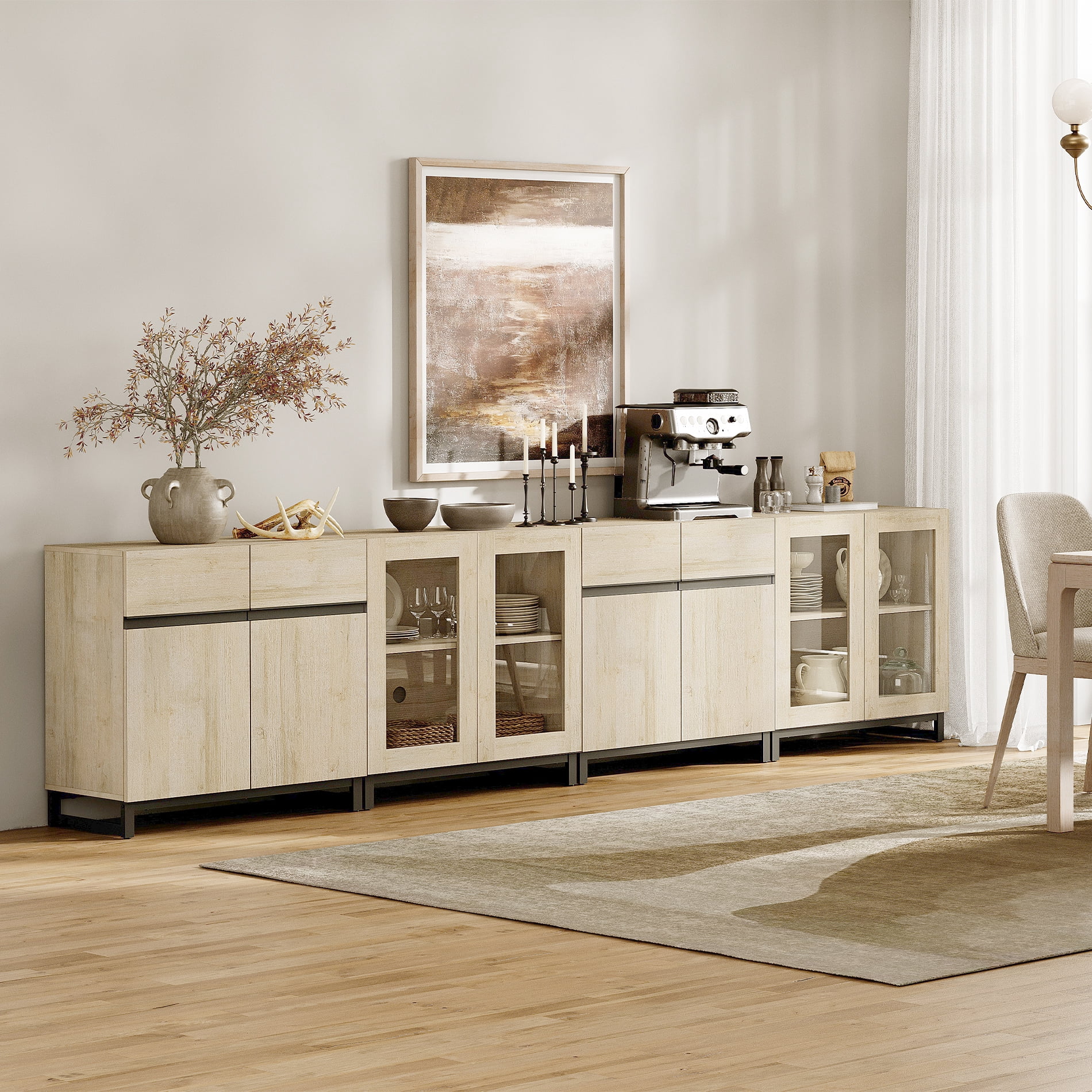 Modern Sideboard With Adjustable Shelves, 4 In 1 Storage Cabinet With Glass Doors, Coffee Bar Cabinet For Living Room, Kitchen,Dinning Room,Beige
