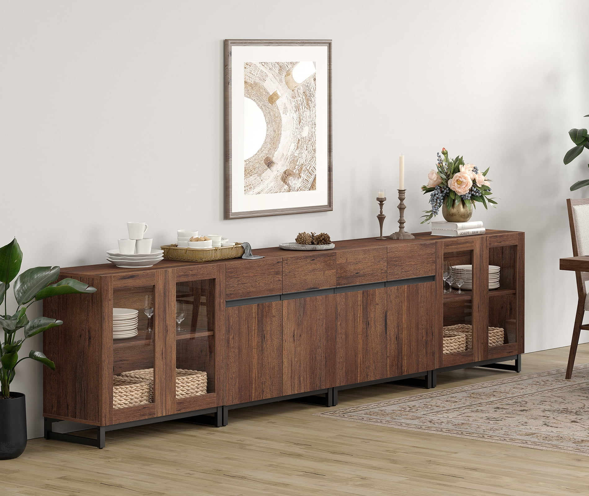 Modern Sideboard With Adjustable Shelves, 4 In 1 Storage Cabinet With Glass Doors, Coffee Bar Cabinet For Living Room, Kitchen,Dinning Room,Brown