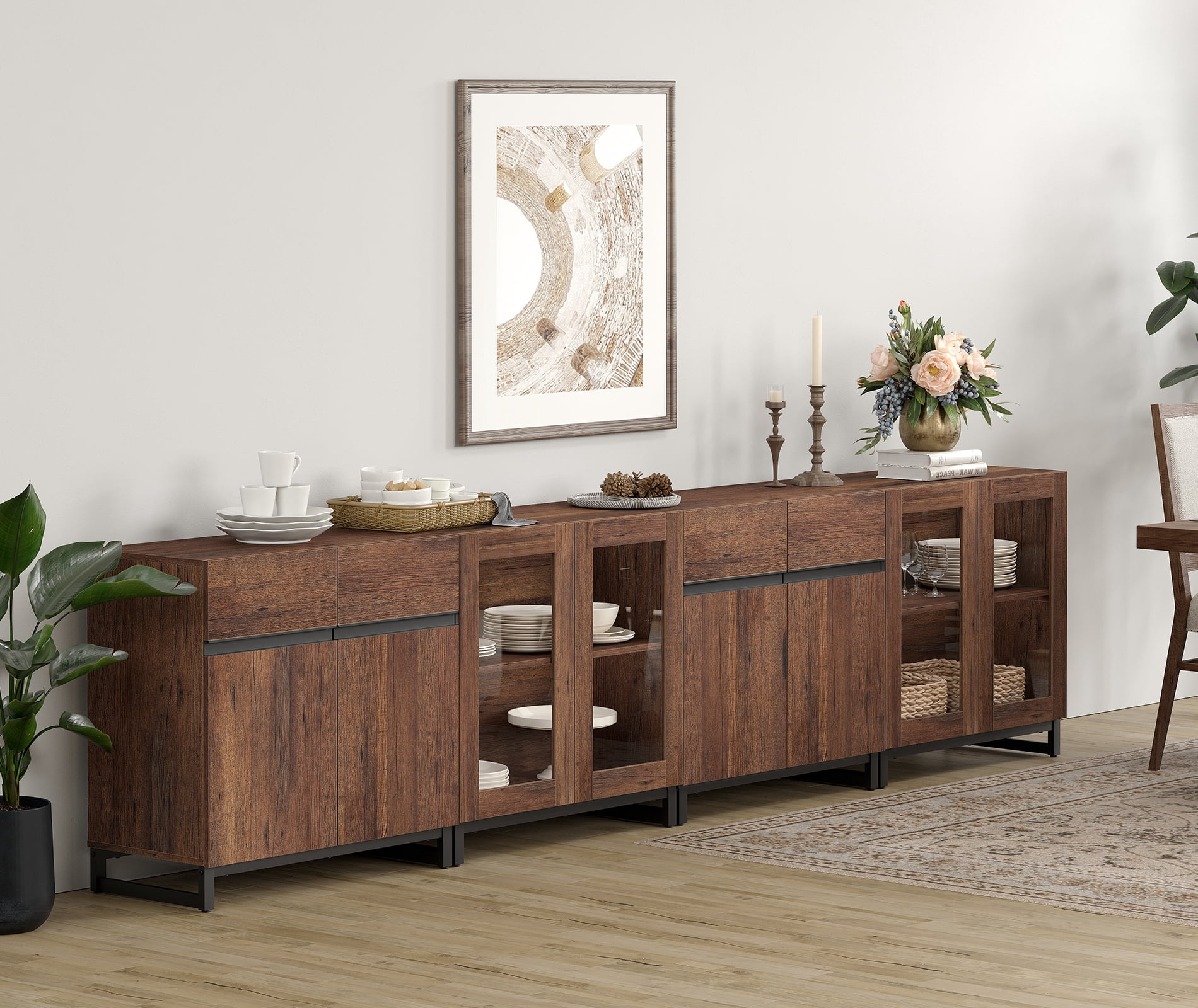Modern Sideboard With Adjustable Shelves, 4 In 1 Storage Cabinet With Glass Doors, Coffee Bar Cabinet For Living Room, Kitchen,Dinning Room,Brown
