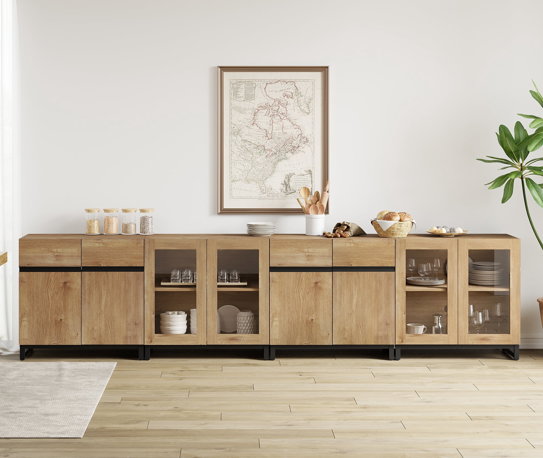 Modern Sideboard With Adjustable Shelves, 4 In 1 Storage Cabinet With Glass Doors, Coffee Bar Cabinet For Living Room, Kitchen,Dinning Room,Oak