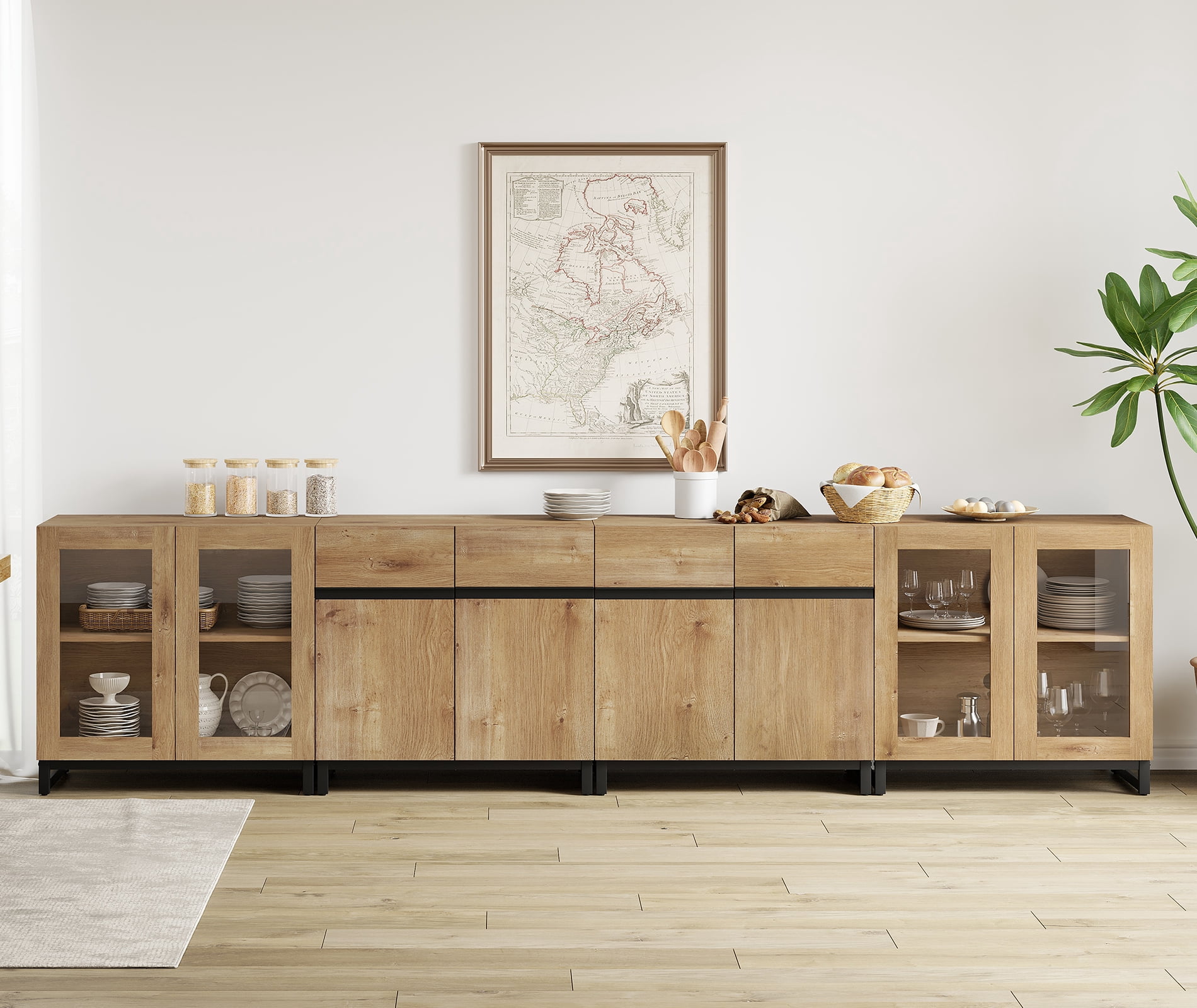 Modern Sideboard With Adjustable Shelves, 4 In 1 Storage Cabinet With Glass Doors, Coffee Bar Cabinet For Living Room, Kitchen,Dinning Room,Oak