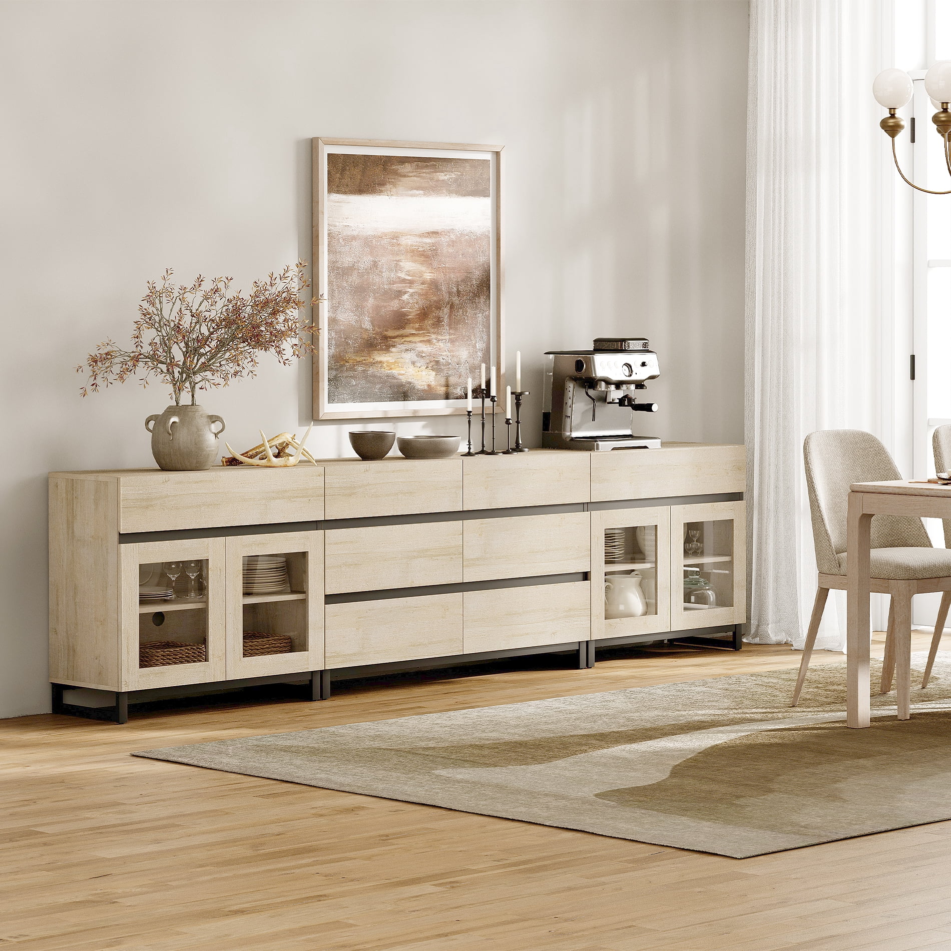 Modern Sideboard with Adjustable Shelves and 8 Drawers, 3 in 1 Storage Cabinet with Glass Doors, Coffee Bar Cabinet for Living Room, Kitchen, Beige