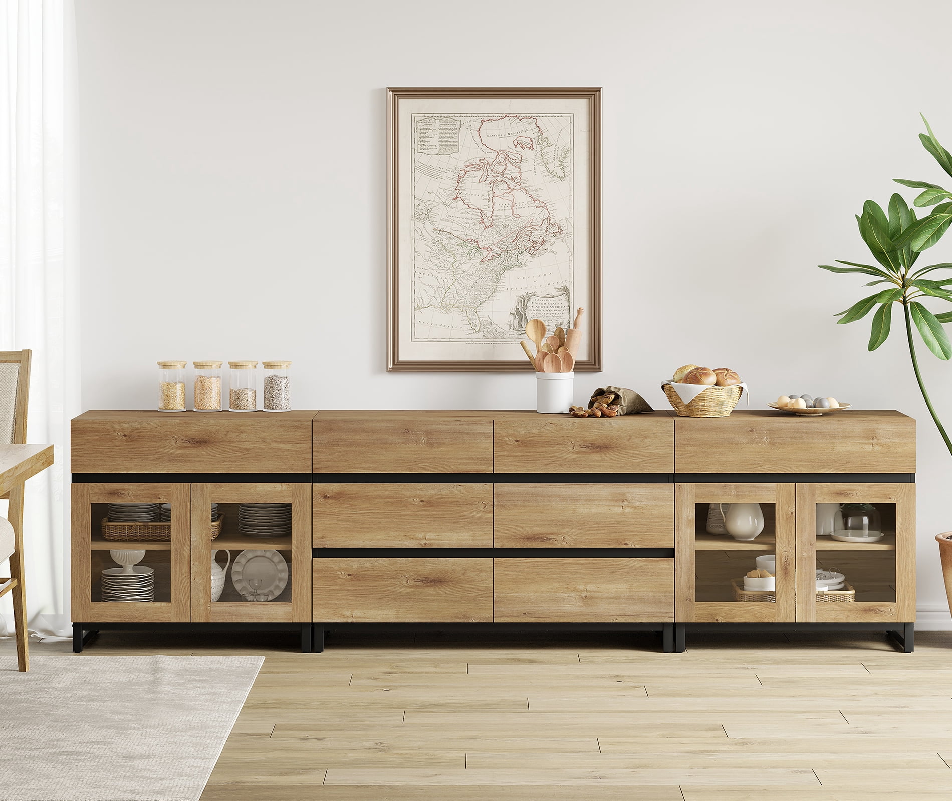 Modern Sideboard with Adjustable Shelves and 8 Drawers, 3 in 1 Storage Cabinet with Glass Doors, Coffee Bar Cabinet for Living Room, Kitchen, Oak