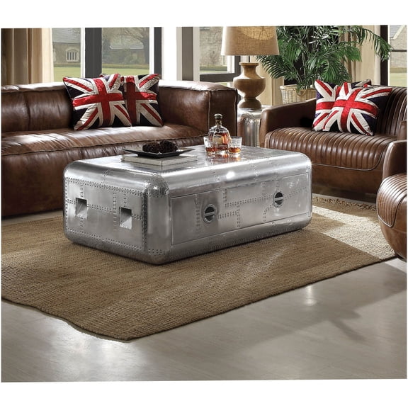 Modern Silver Aluminum Coffee Table with Storage Drawers, Industrial Style Trunk Design Console Table for Living Room