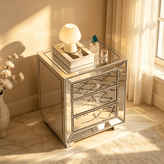 Modern Silver Beaded Mirror Nightstand with 3 Drawers, Bedside Table for Bedroom, Living Room or Office, Sparkling Accent Cabinet with Crystal Handles