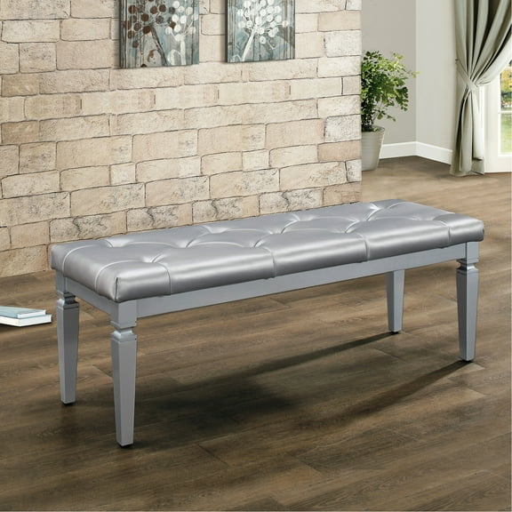 Modern Silver Bench With Faux Leather Upholstery And Foam Section Finish Cushioned Seat For Bedroom