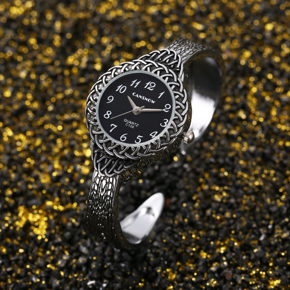 Modern Silver & Black Dial Women’s Bangle Watch – Elegant Women’s Quartz Bangle Watch – Classic Vintage Style Jewelry Timepiece