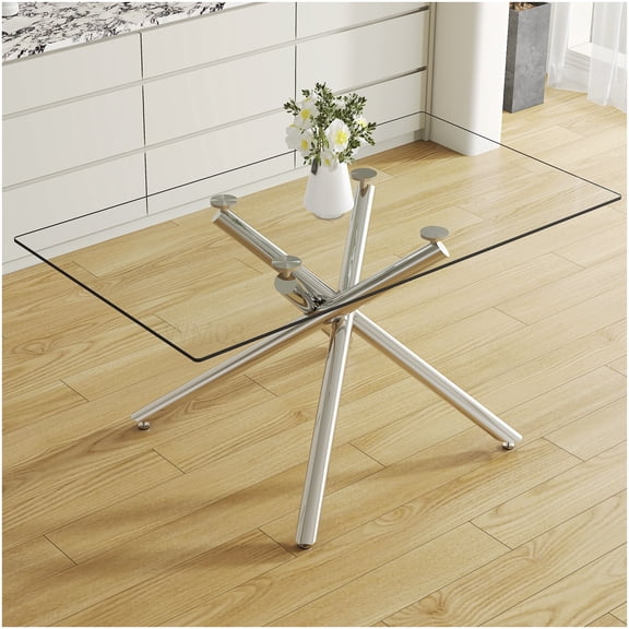 Modern Silver Glass Top Dining Table with Chrome Metal Legs, Minimalist Rectangular Design for Kitchen, Dining Room, Meeting Space