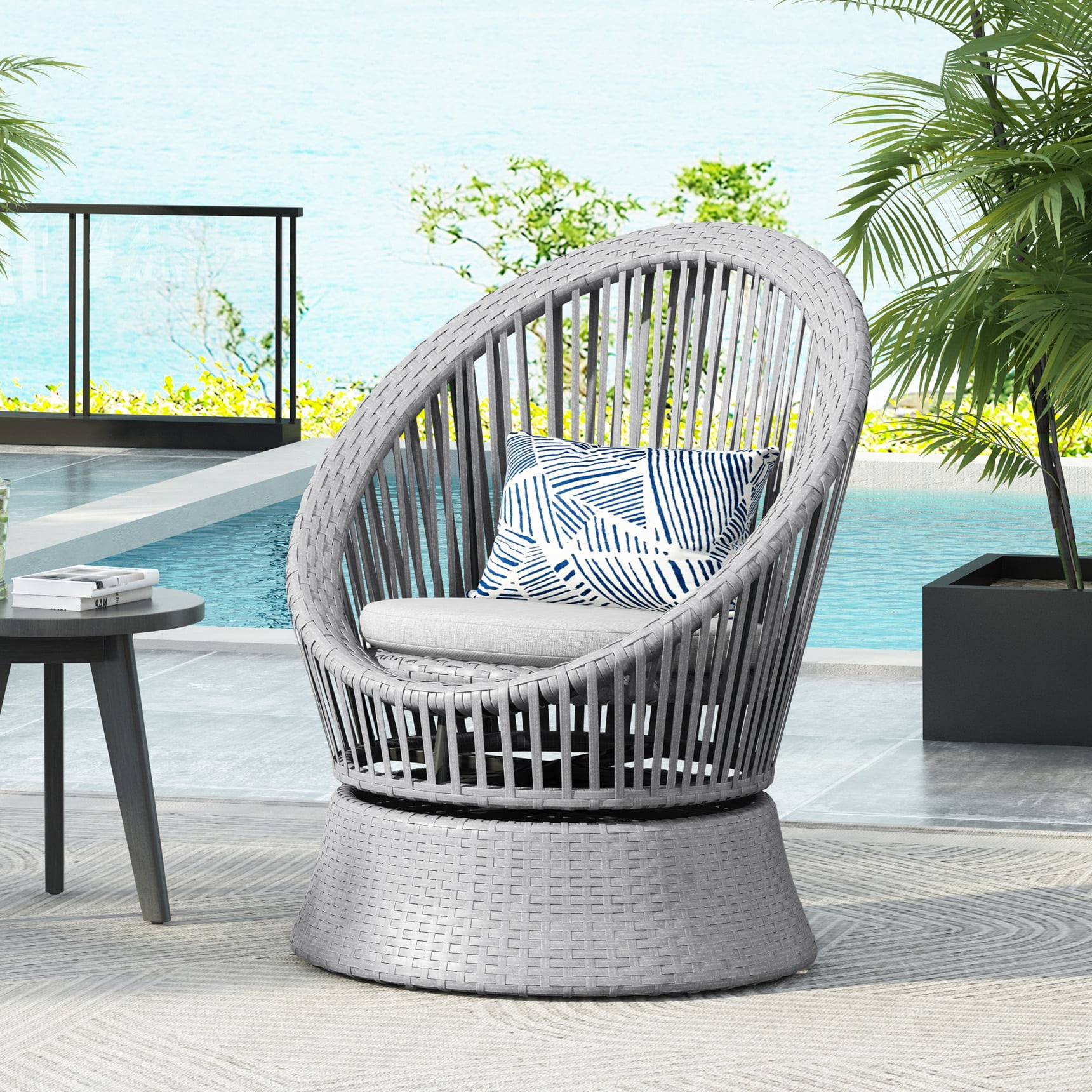 Modern Silver Grey Swivel Wicker Lounge Chair with PE Rattan and Iron ...