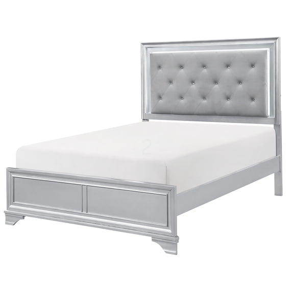 Modern Silver King Bed Frame with LED Headboard, Upholstered Button Tufted Glam Style Bed for Master Bedroom, Sturdy Wood Platform Bed