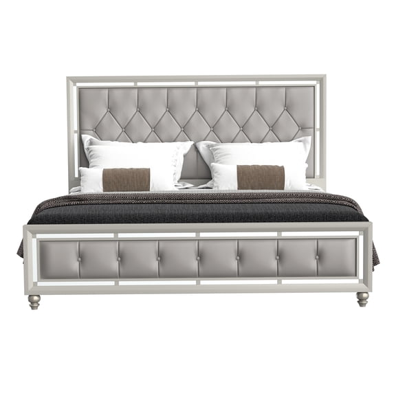 Modern Silver King Bed Frame with Upholstered Headboard, Gemstone Tufted Low Footboard Design