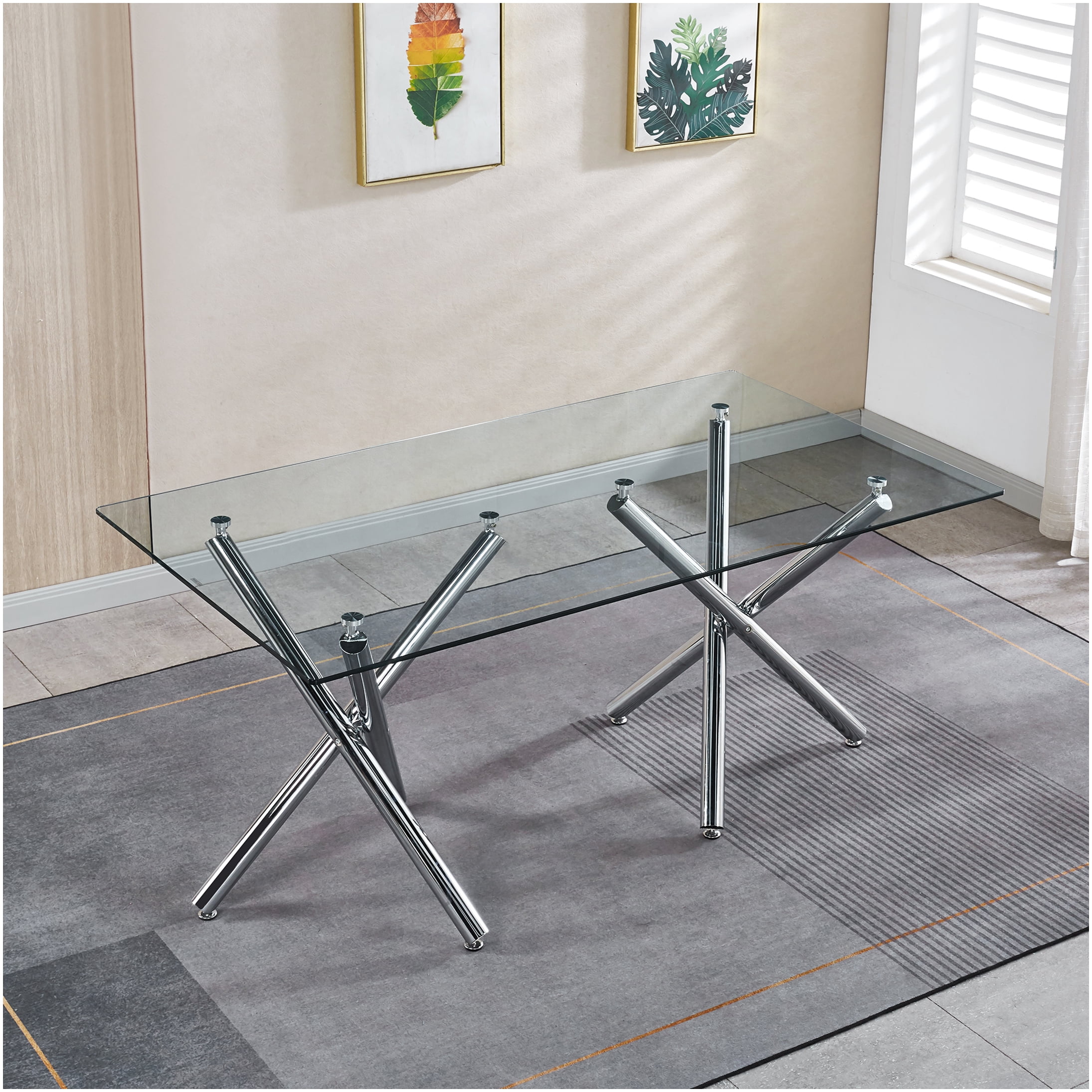 Modern Silver Rectangular Tempered Glass Dining Table with Stainless ...