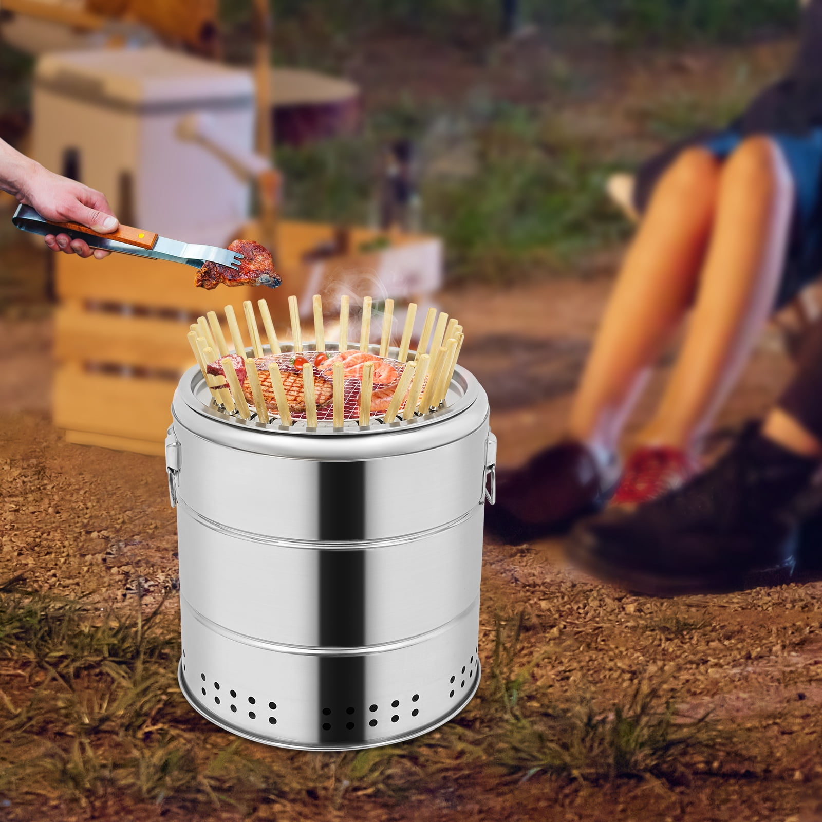 Modern Silver Stainless Steel Surround Charcoal Kebab Grill with 30 Skewers and BBQ Grill Cooking Grate
