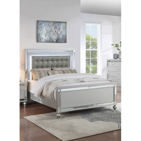 Modern Silver Tufted Faux Leather Queen Bed w LED Lights in Bedroom