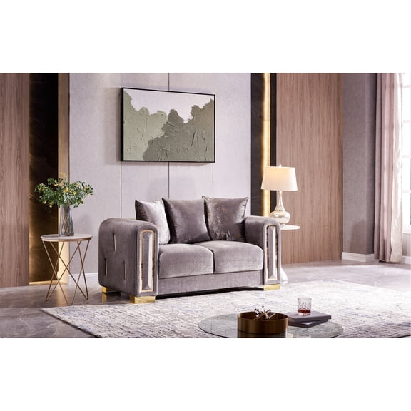 Modern Silver Upholstered Loveseat | Great for Primary Living | Gold Finished Frame & Velvet | Durable Wood Build