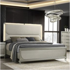 Modern Silver Upholstered Platform Bed, Queen LED Bed Frame with Glam Embossed Headboard