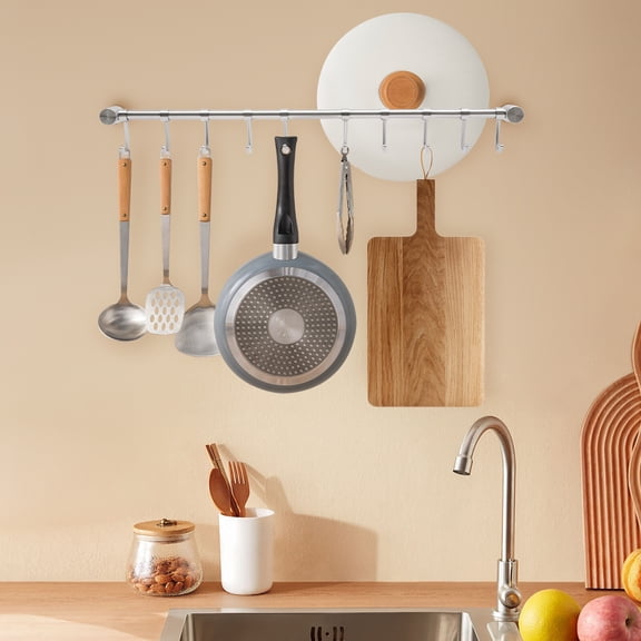 Modern Silver Utensil Rack 20" Inch Kitchen Hanger Wall Hanging Rail Rod w/ 10 Sliding Hooks