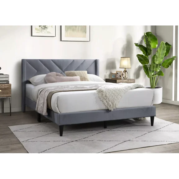 Modern Simple 1pc Queen Size Bed Gray Velvet Unique Design Upholstered Headboard Platform Bed