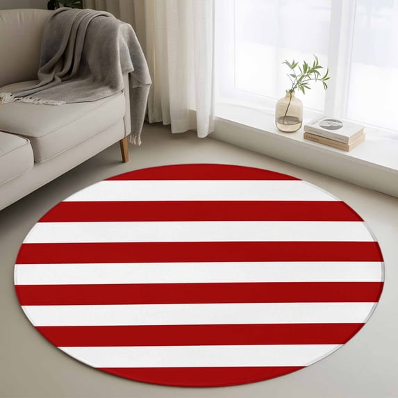 Modern Simple 4FT Round Area Rugs for Living Room Red White Stripes Ultra-Thin Non-Slip Round Rugs Machine Washable Low Pile Circle Carpet for Bedroom Kitchen Nursery