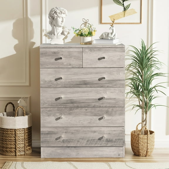 Modern Simple 6-Drawer Dresser Particle Board For Family Room Bedroom & Living Room Space-Saving Storage & Decor​ Gray