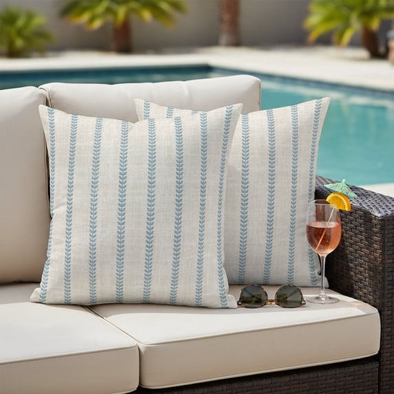 Modern Simple Art Outdoor Pillow Covers 24x24 Inch Throw Pillow Covers Set of 2 Waterproof Decorative Pillow Cases Blue Vertical Stripes Pattern Beige Cushion Covers for Patio Furniture Garden Couch