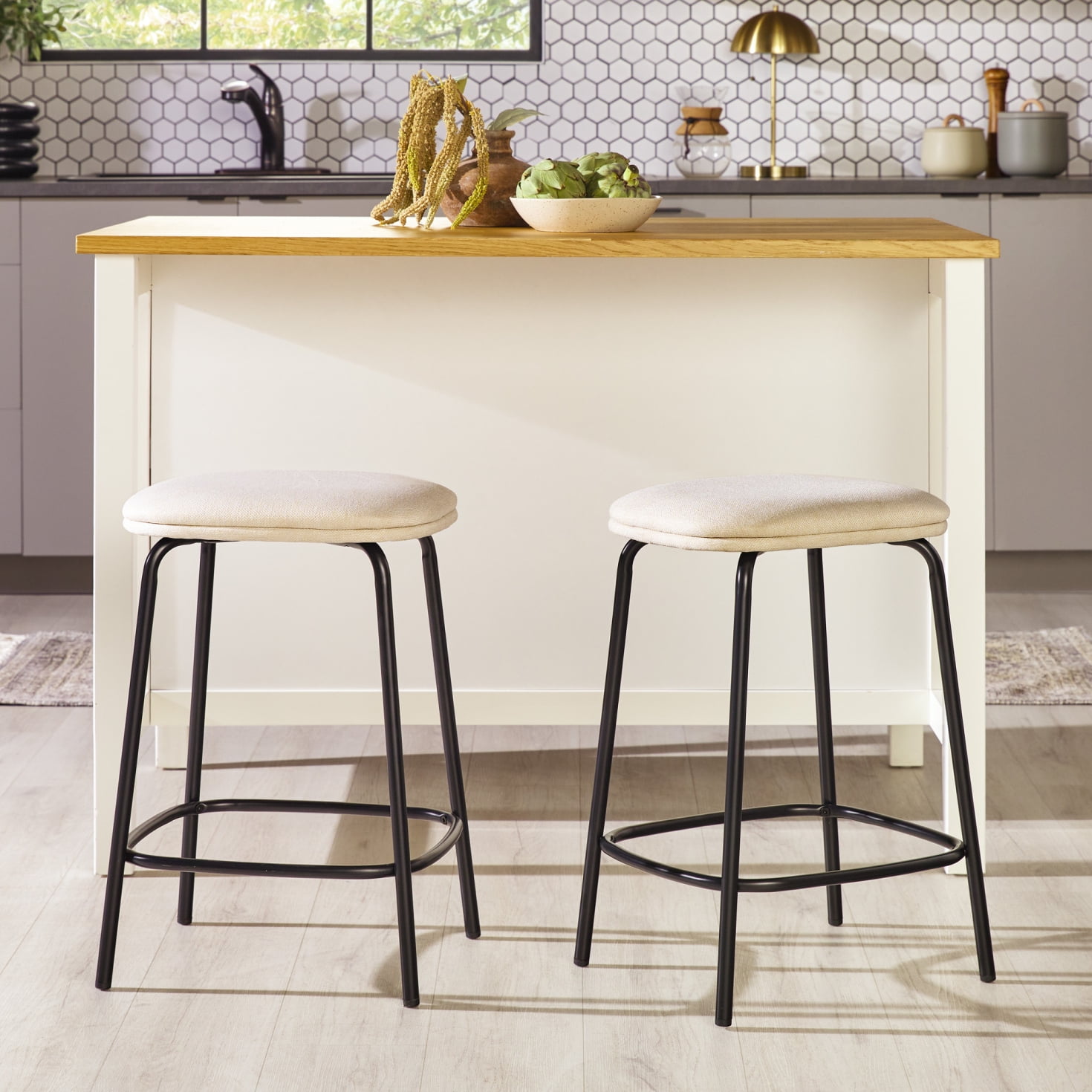 Ivory Upholstered Metal Adjustable Counter Stools, Set of 2