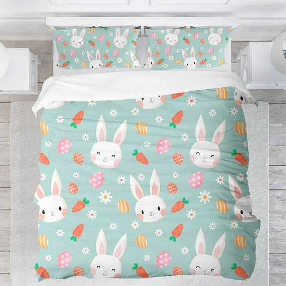 Modern Simple Bedding Set, Easter Bunny Egg Print Unisex Bedding Set with 1 Duvet Cover and 2 Pillowcases, Easter Gift