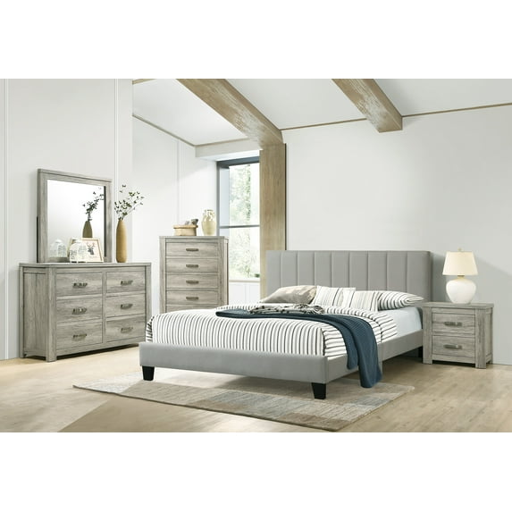 Modern Simple Bedroom Furniture 4pc Set Gray Color Queen Size Bed Dresser Mirror Nightstand Plywood Extended Drawers Dresser