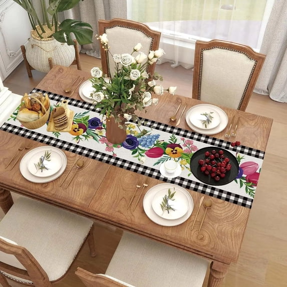 Modern Simple Black and White Buffalo Plaid Watercolor Floral Home Table Flag Long Farmhouse Outdoor Picnic Party Decoration