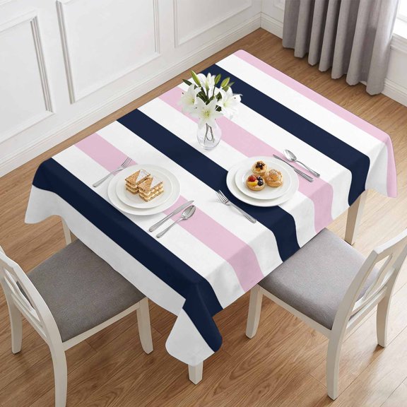 Modern Simple Contrasting Stripes Table Cloth 60x84in, Waterproof Rectangle Tablecloth Wipeable Tablecloths Pink Navy Blue Streak Table Covers for Dining Tables Party Indoor Outdoor