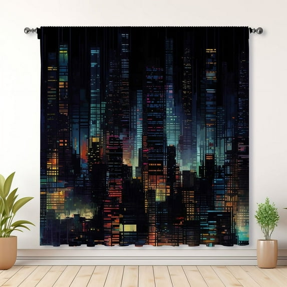 Modern Simple Curtains, Future City Print Blackout Curtains, Suitable For Room Bedroom Decoration(Rod pocket)