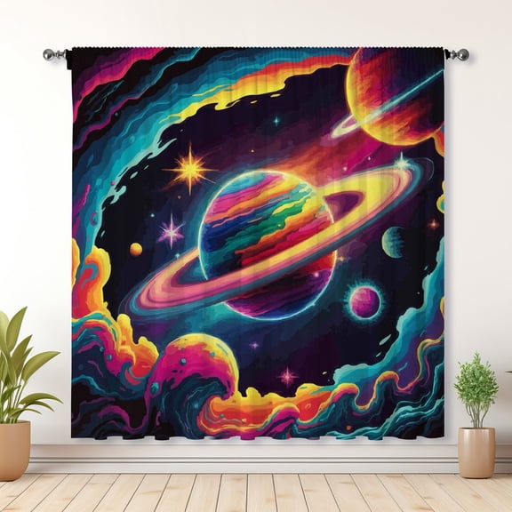 Modern Simple Curtains, Planet Print Curtains, Suitable For Bedroom Decoration(Rod pocket)