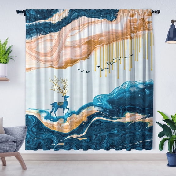 Modern Simple Curtains, Rock Mountain Deer Print Blackout Curtains, Suitable For Room Bedroom Decoration(Rod pocket)