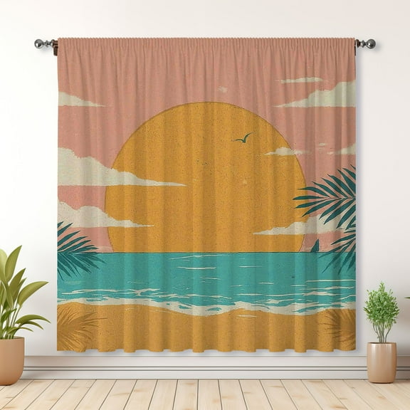Modern Simple Curtains, Seaside Sunset Print Curtains, Bedroom Blackout Curtains, Suitable For Living Room And Bedroom Decoration(Rod pocket)