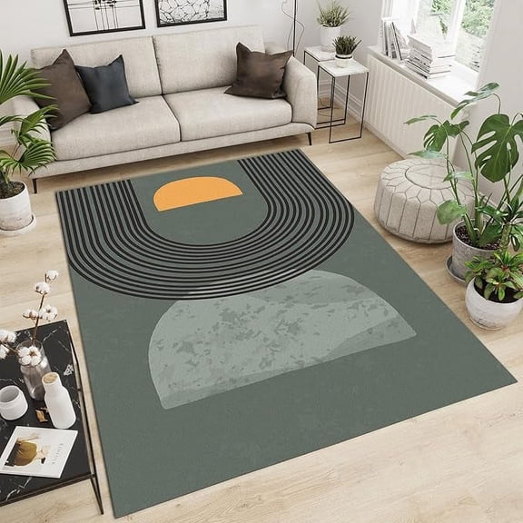 Modern Simple Dark Green Bohemian Area Rugs, Abstract Black Arched Medieval Stripes Indoor Large Rug, Soft Non-Slip Non-Shedding Throw Carpet For Office Dining Room Bathroom 5 x 7ft