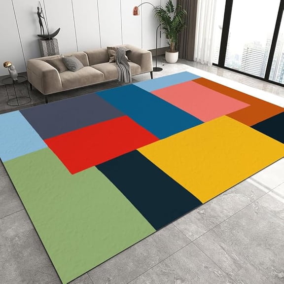 Modern Simple Geometric Shape Design Area Rug, Multicolor Rainbow Geometric Shapes Bedroom Rug, Low Pile Non-Slip Reading Room Carpet, Soft Washable Balcony Bedroom Office Rugs 3 x 4ft