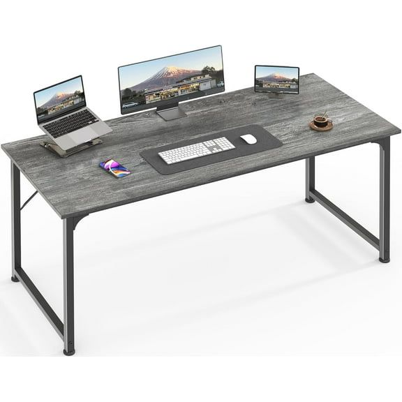 Modern Simple Office Desk, 55 Inch, Gaming & Work Desk with Storage, Large Legroom, Metal Frame, Grey