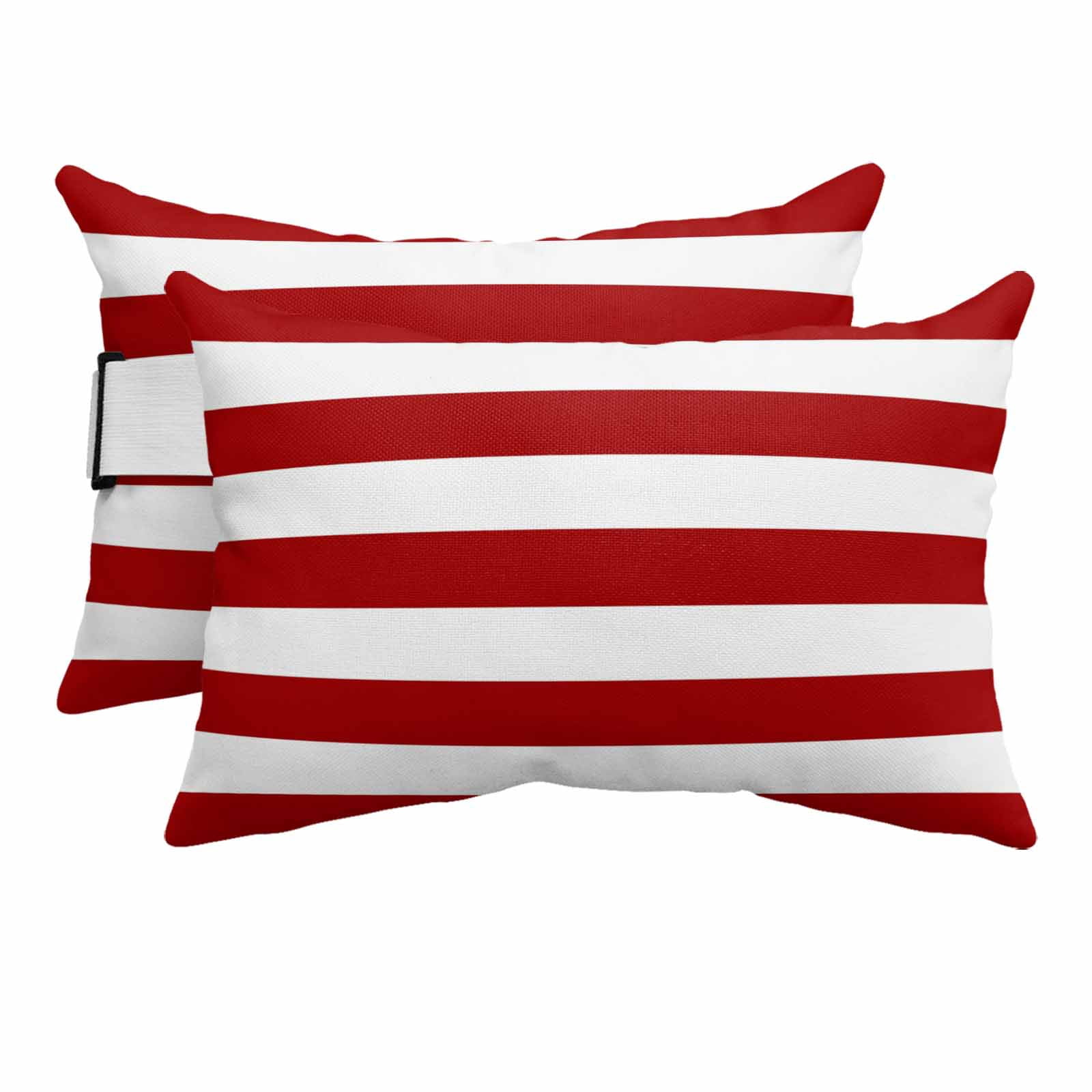 Modern Simple Outdoor Chaise Lounge Pillows Red White Stripes Lumbar Pillows with Insert Adjustable Elastic Strap Headrest Pillow for Recliner Patio Chair 2 Pack 11x16 Inch