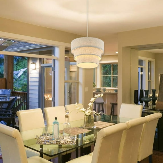 Modern Simple Plug in Pendant Light, Linen Fabric Shade Pendant Light Fixtures for Bedroom, Kitchen, Living Room, Dining Room, Height Adjustable, E26 Base (Not Included Bulbs)