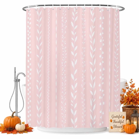 Modern Simple Shower Curtain Set - 48" x 72" Washable Bathtub Curtain with 12 Hooks, Country Leaf Floral Stripes Lines Pink Waterproof Fabric Stall Shower Curtains for Bathroom/Bathtub Décor